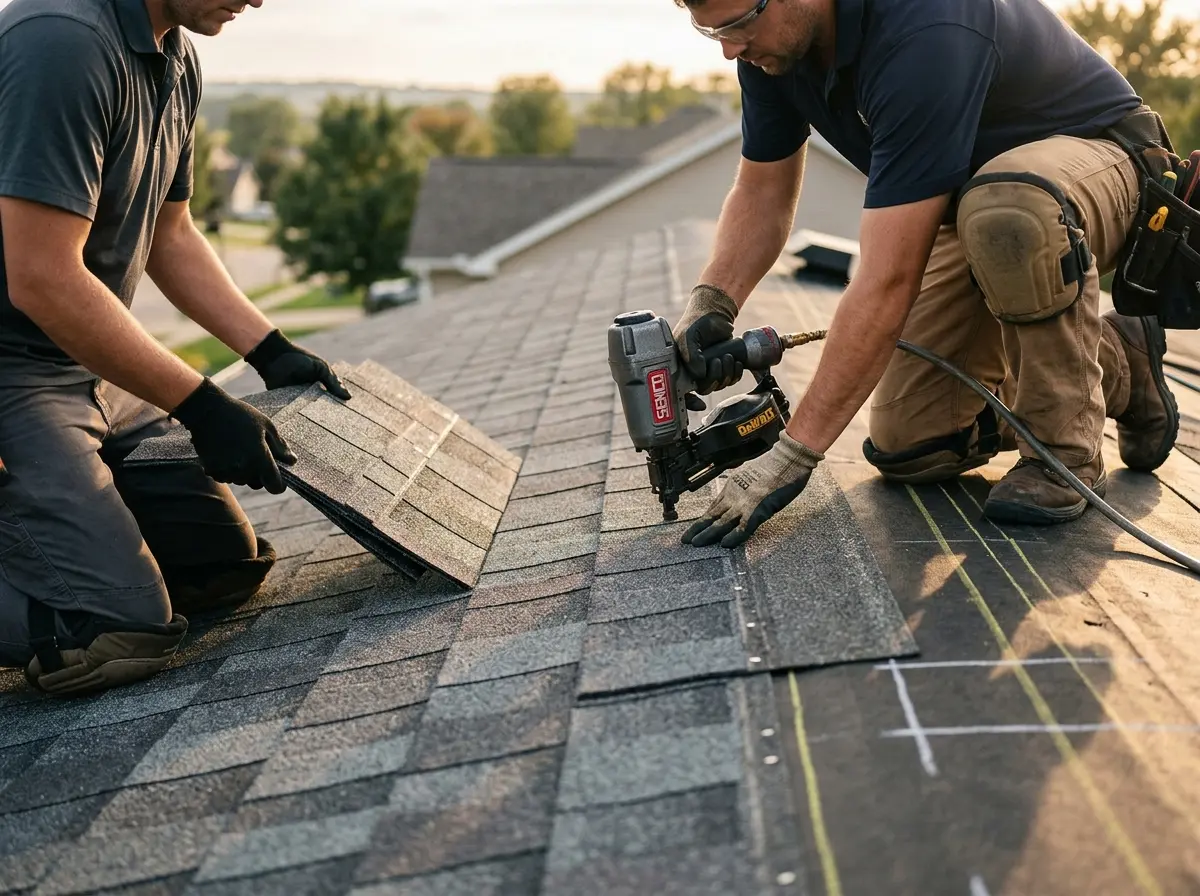 Professional roofer working on a residential roof in Niagara